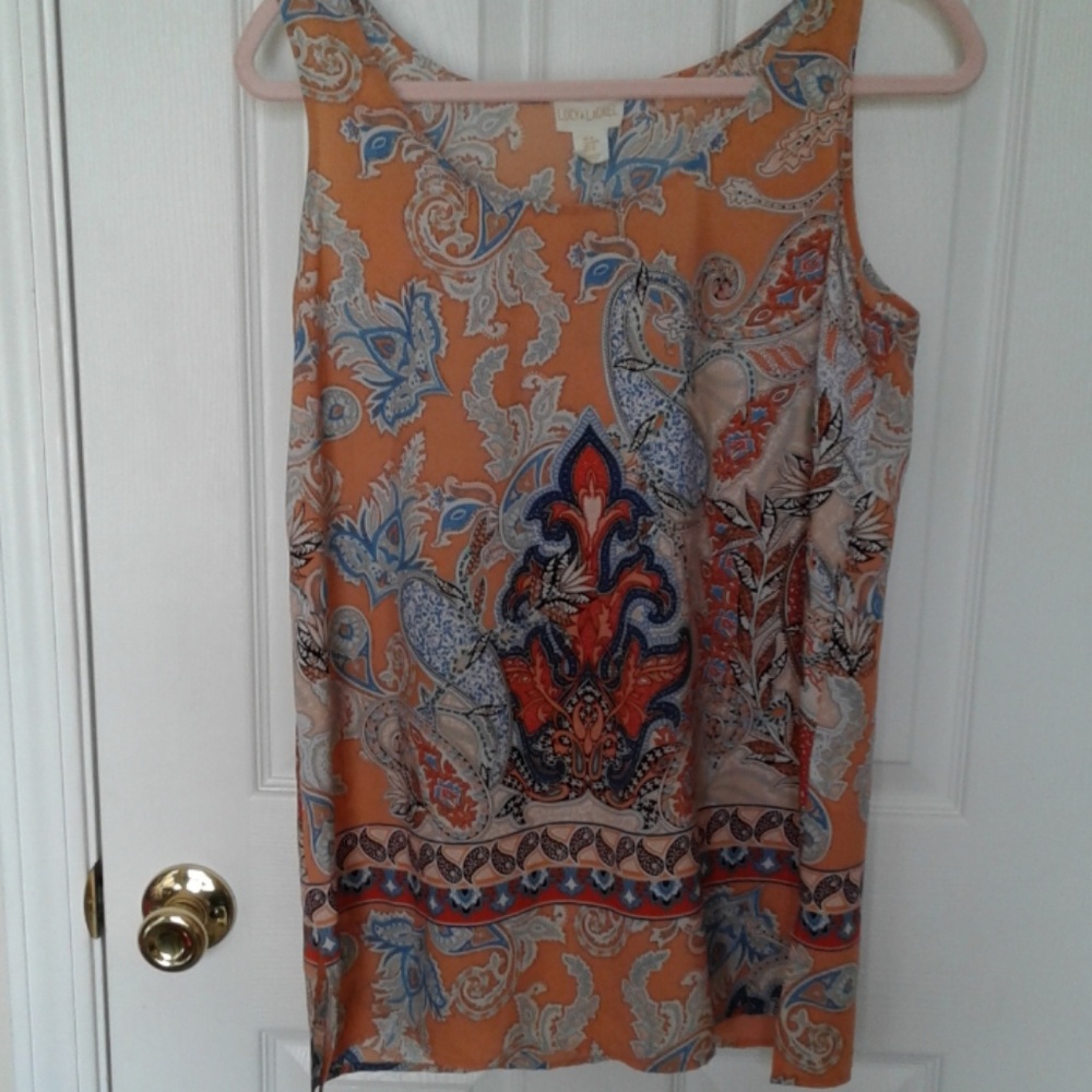 Lucy and laurel sleeveless shirt sz med orange/blu